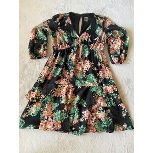 Taylor Floral Print Dress‎ Long Sleeve Tiered Ruffle Black Green Pink Size 10